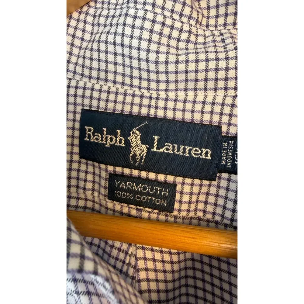 Ralph Lauren Mens Gingham Shirt Blue White Preppy Old Money Button Down Cotton